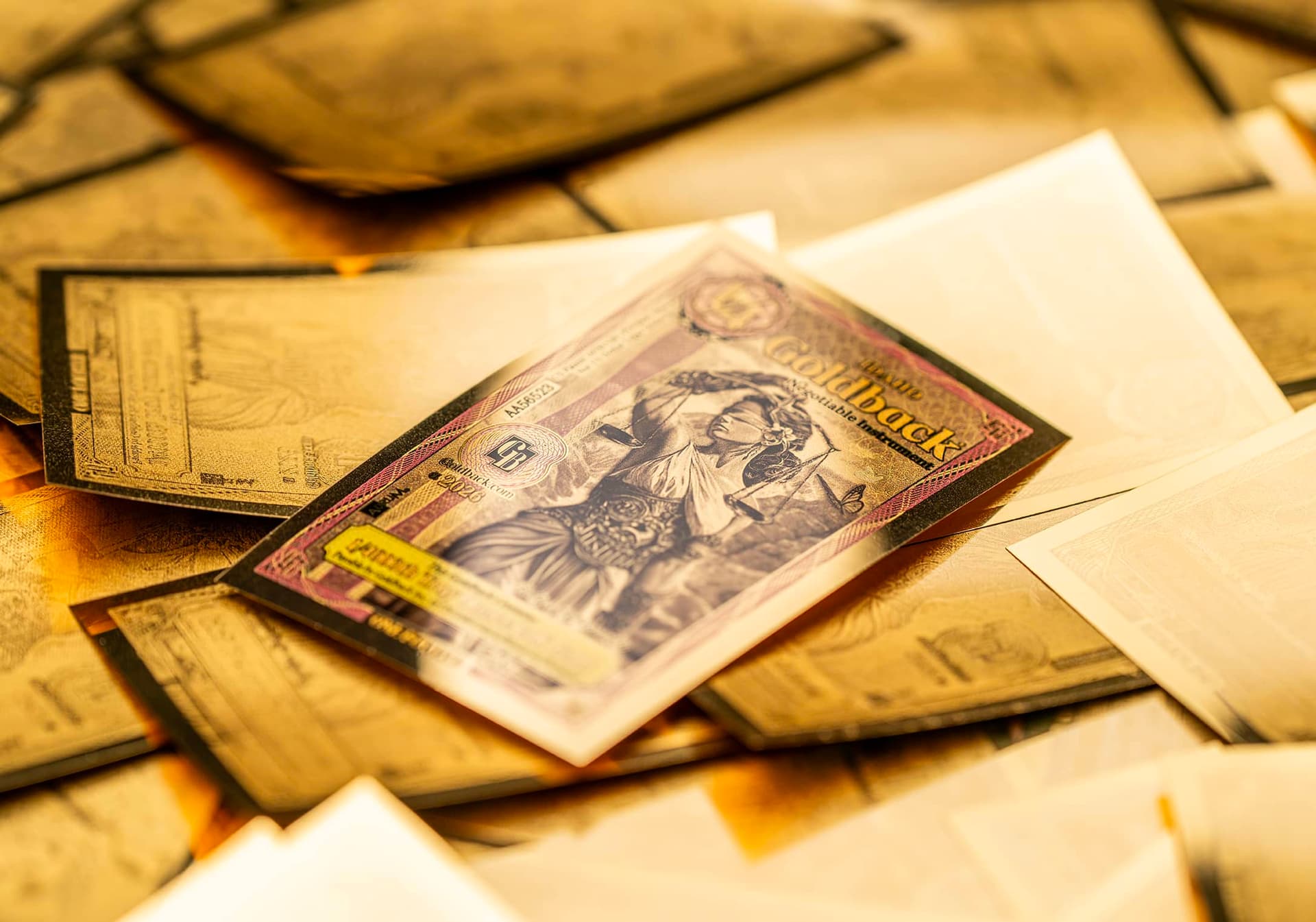 Goldback notes scattered in a pile